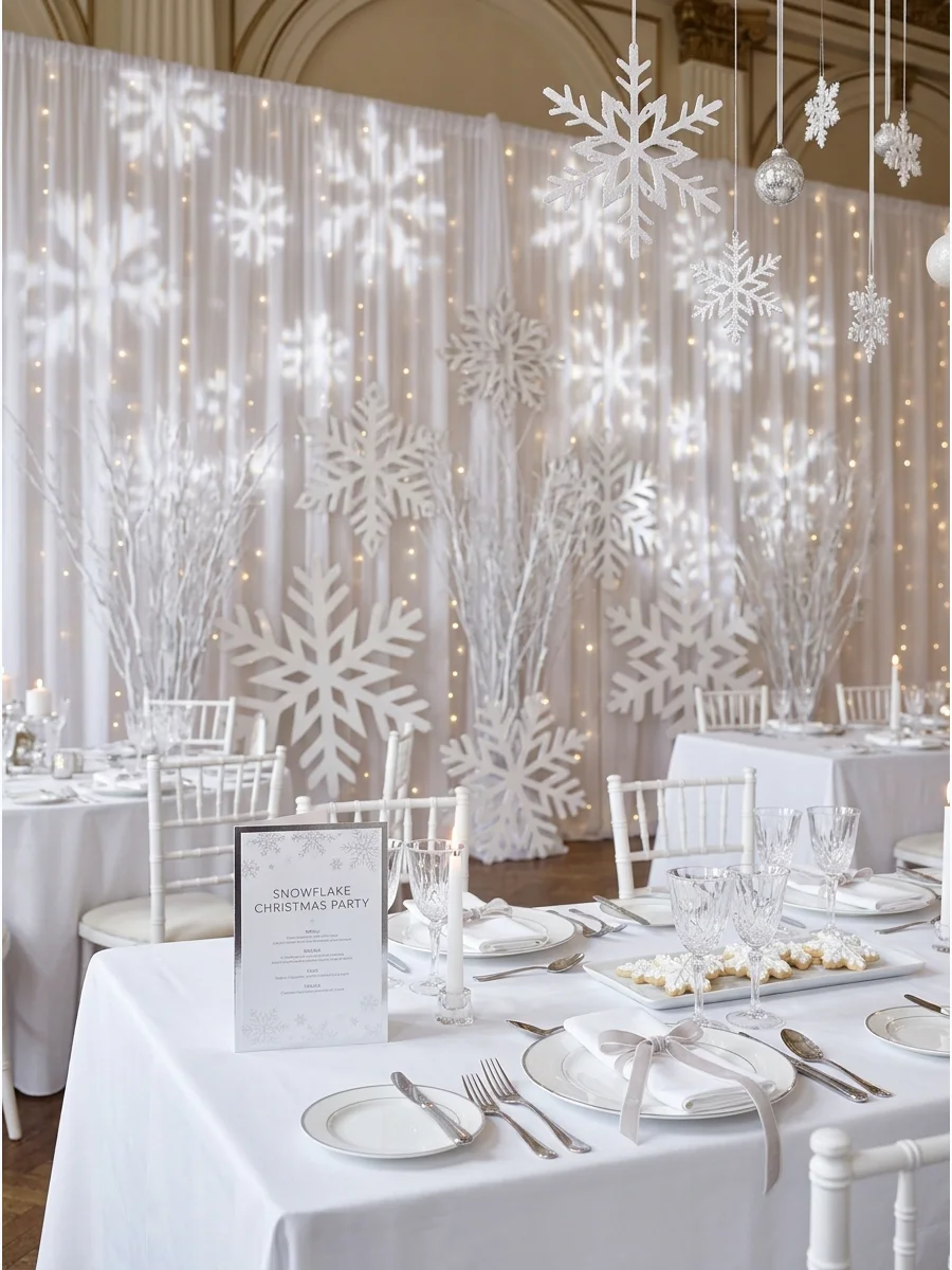 Snowflake projections on a wall behind elegant white party tables.