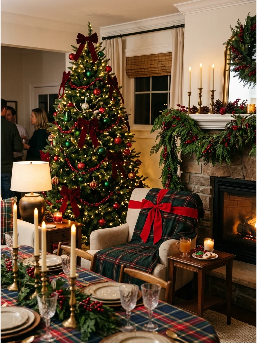 A traditional living room with a Christmas tree and cedar garland.