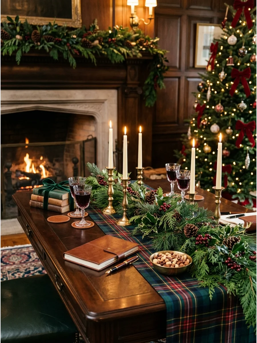 A sophisticated library table with brass and leather holiday decor.
