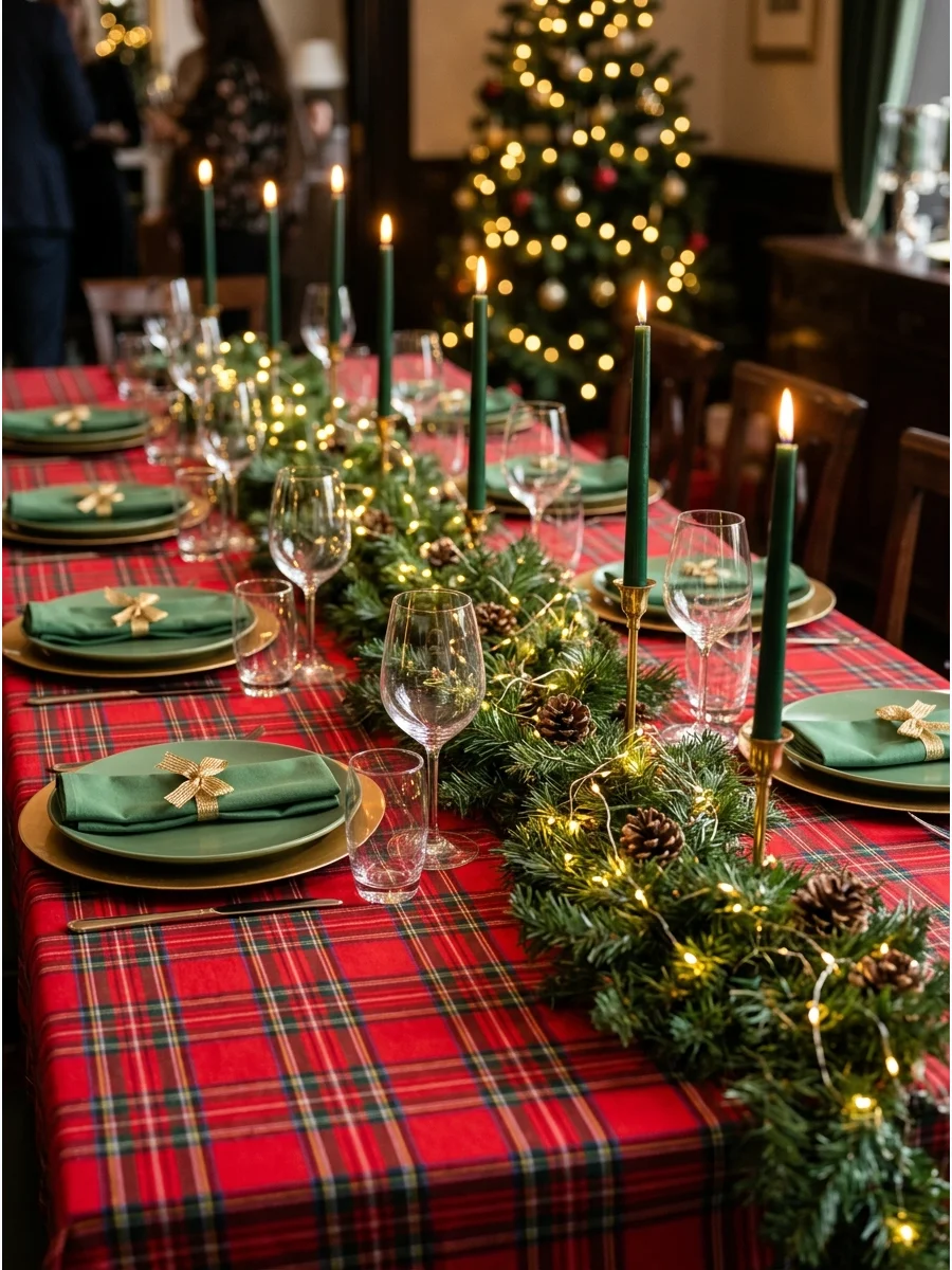 A dining table set with red plaid linens and gold accents.