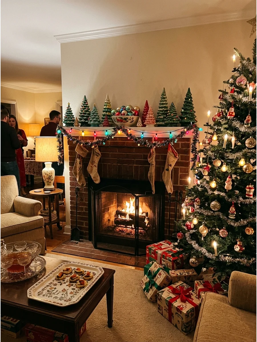A mantle with ceramic holiday decor and colorful glass ornaments.