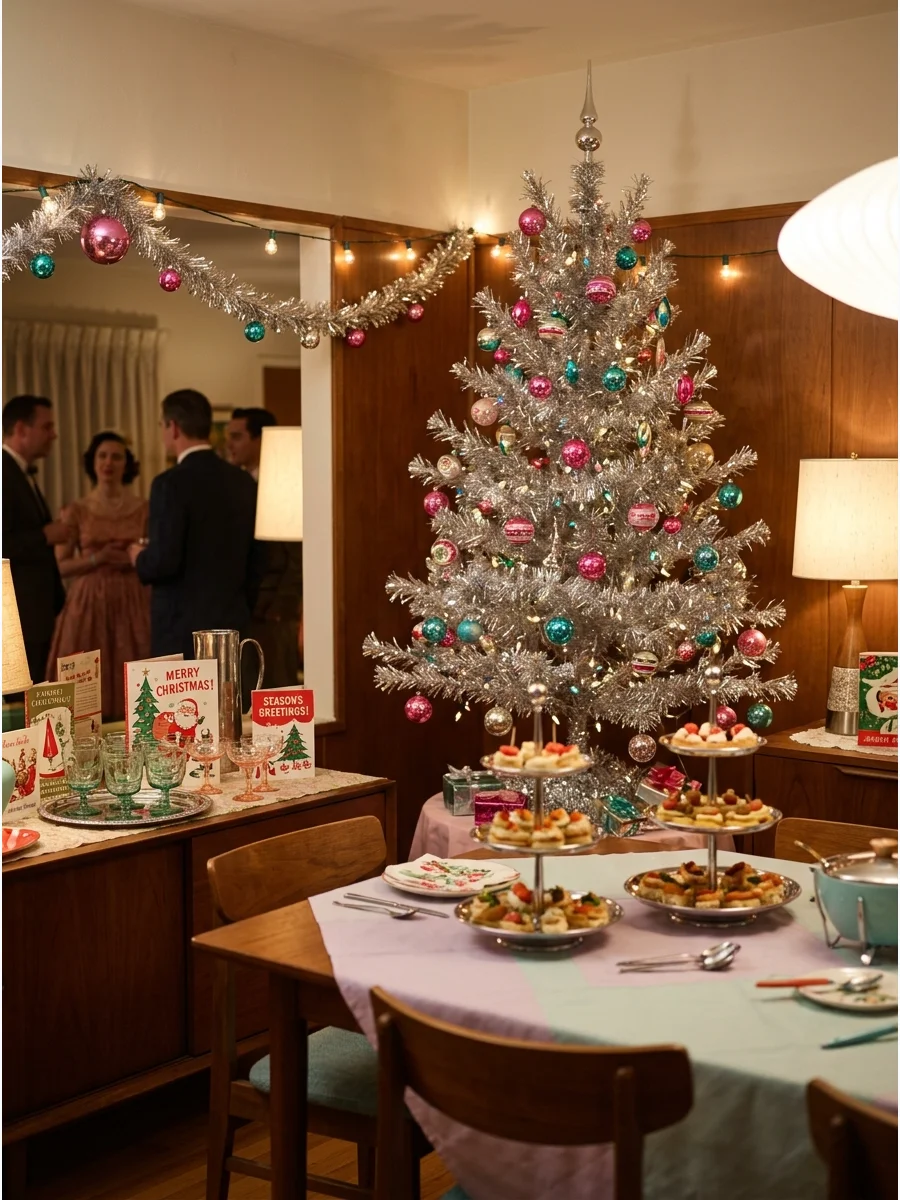 A silver tinsel Christmas tree with pastel ornaments.