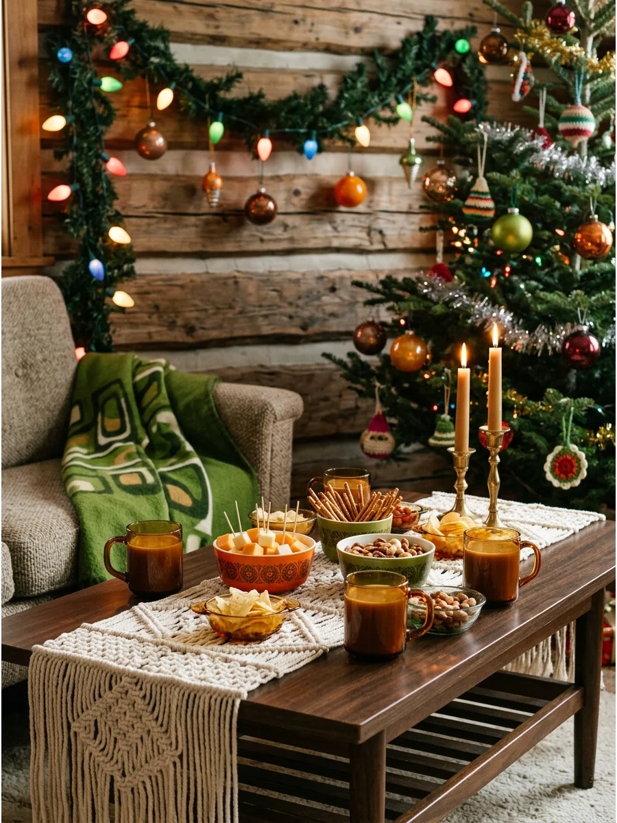 A lodge coffee table with amber glass and macrame holiday decor.
