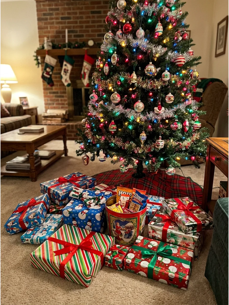 Brightly wrapped gifts and a popcorn tin in a cozy living room.