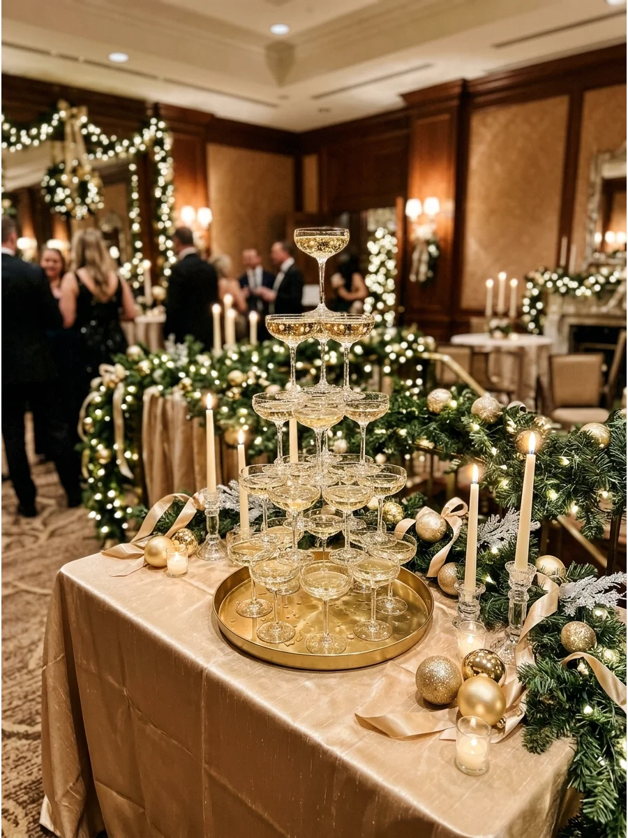 A champagne tower centerpiece on a gold tablecloth.