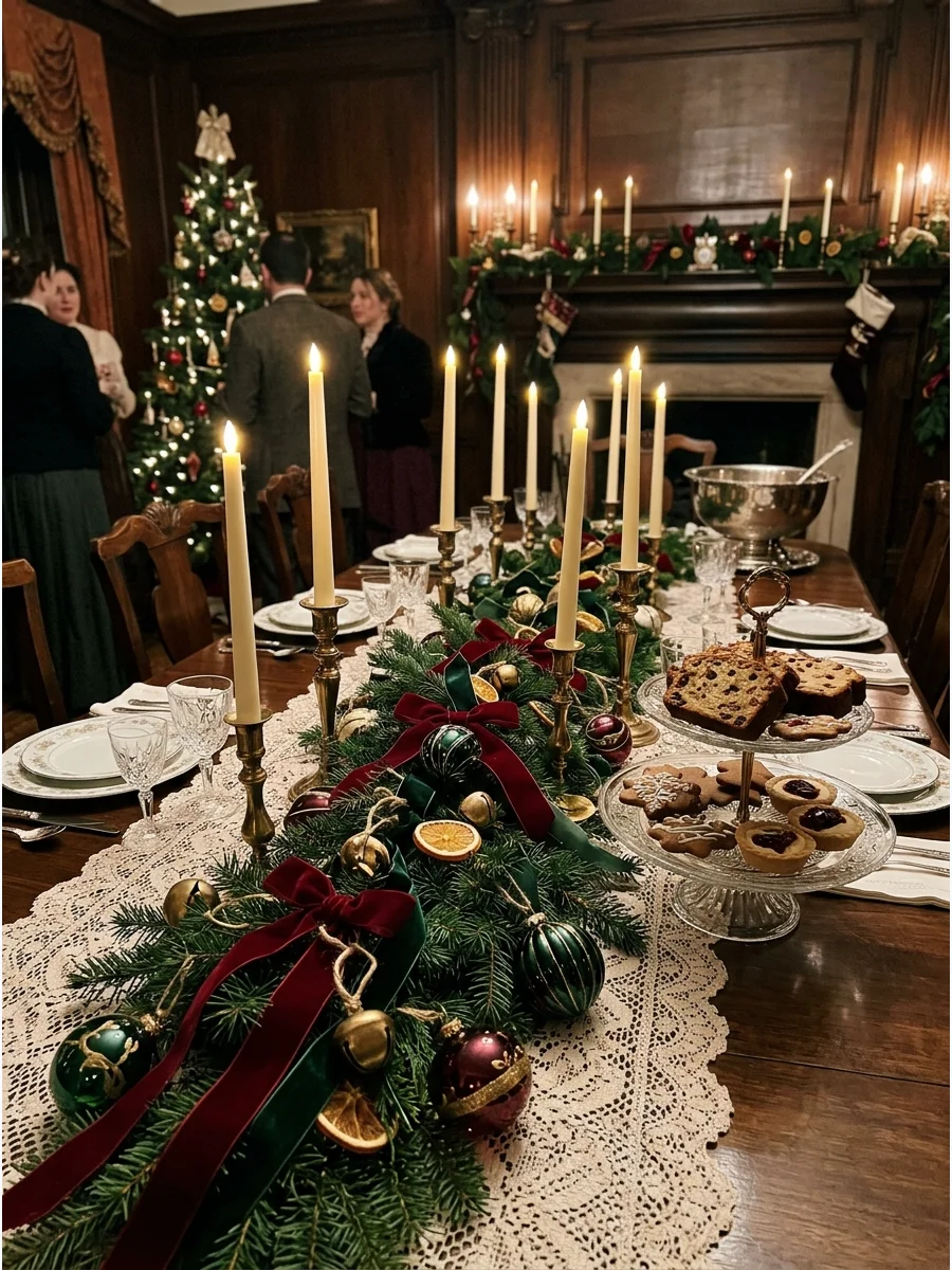 A Victorian-style dining table with lace and dried fruit decor.