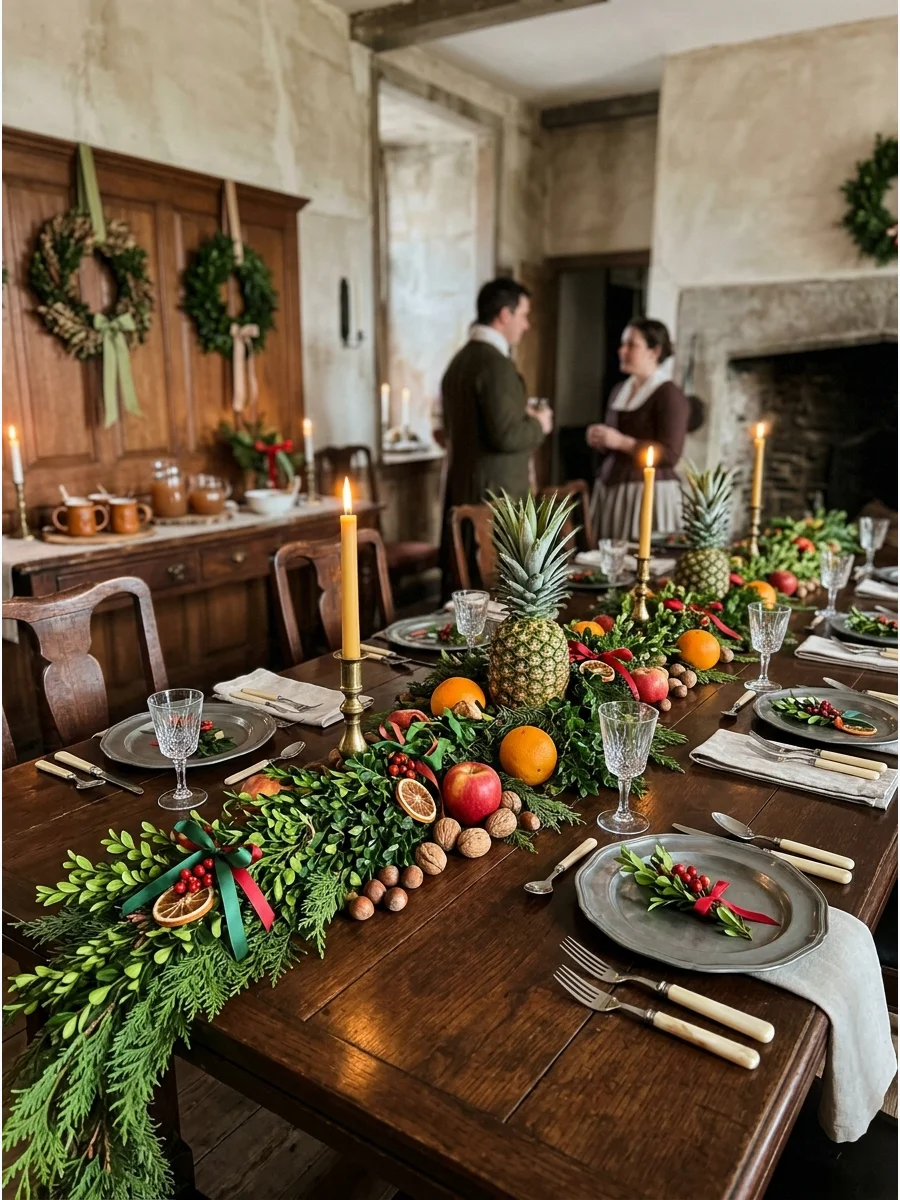 A long wooden dining table decorated with green boxwood and fresh fruit in a historic room.