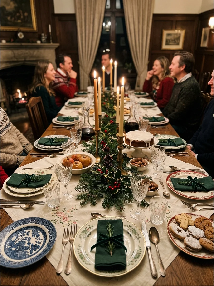 A cozy dining table set with different floral plates and white embroidered napkins.