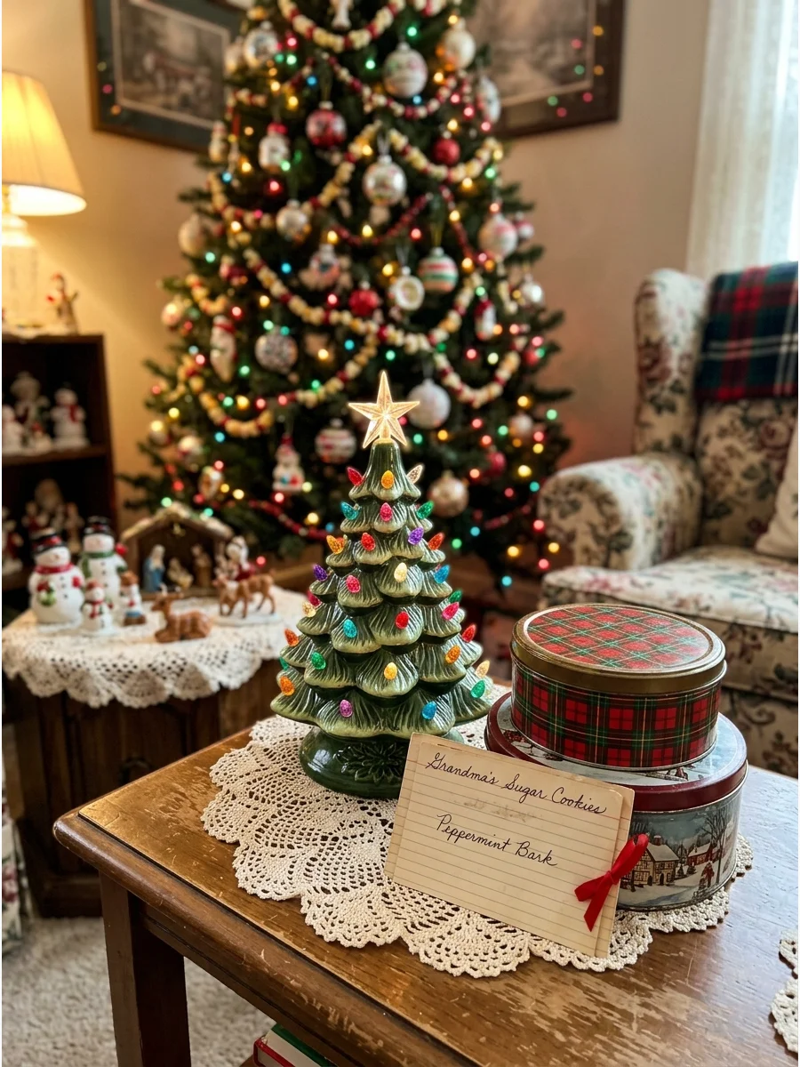 A green ceramic tree with glowing bulbs on a table with old-fashioned metal tins.