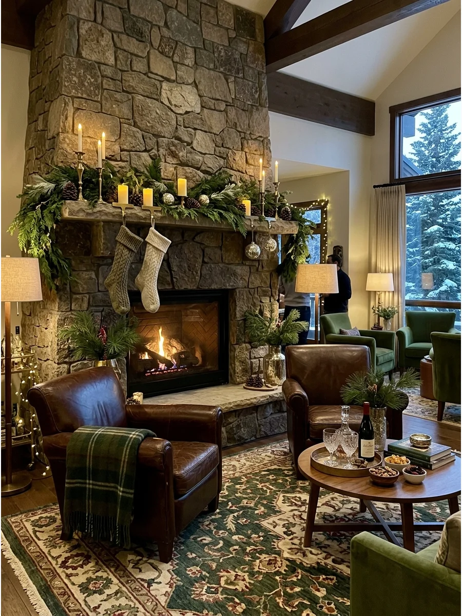 A stone fireplace with a thick green garland and brass candle holders in a lodge.