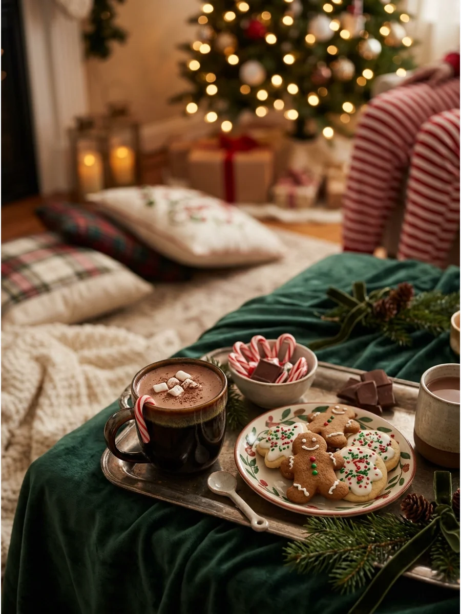 A tray of cocoa mugs and holiday treats on a low table surrounded by pillows.