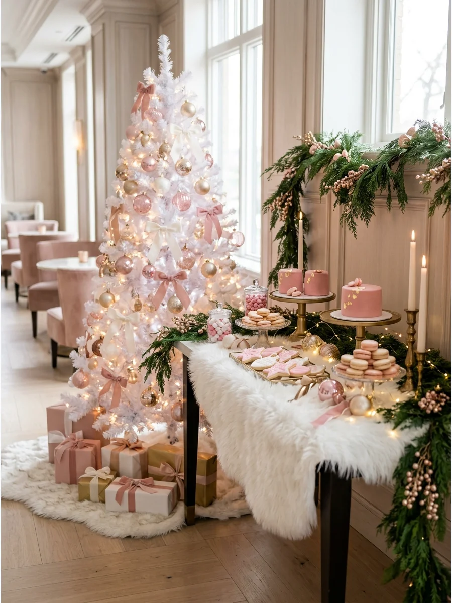 A white tree decorated with various shades of pink baubles and gold tinsel.