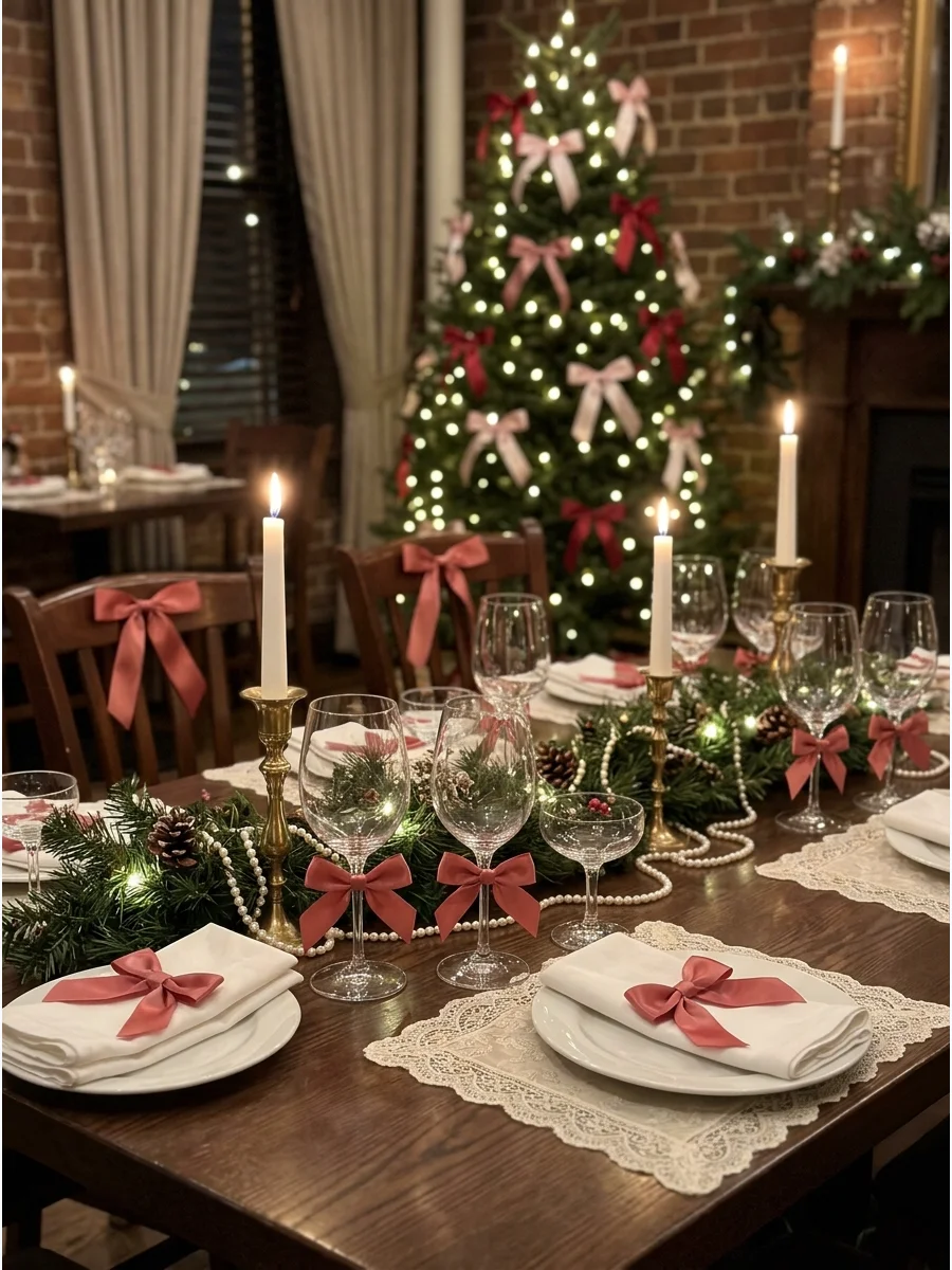 of glassware decorated with thin red ribbons on a festive table.