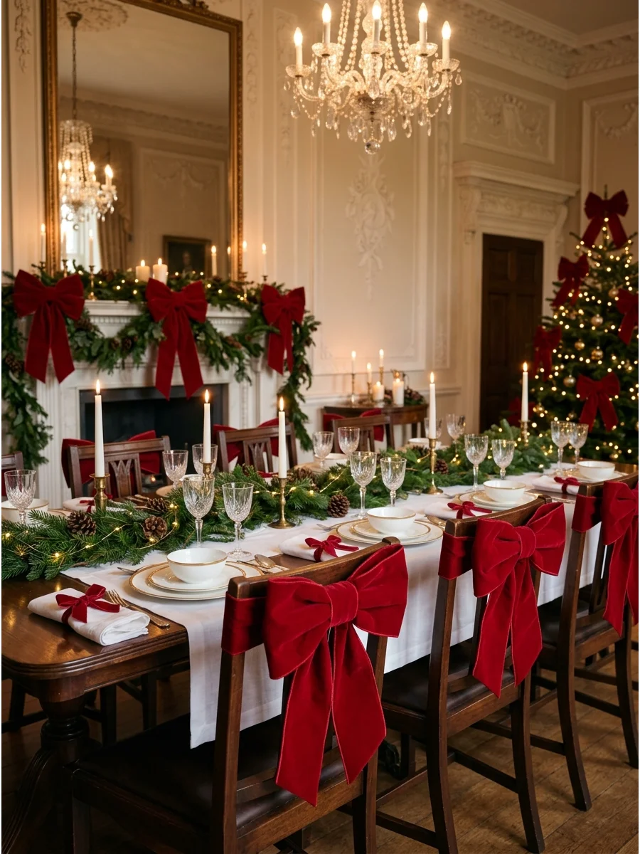 A row of dining chairs each decorated with a large red velvet bow.