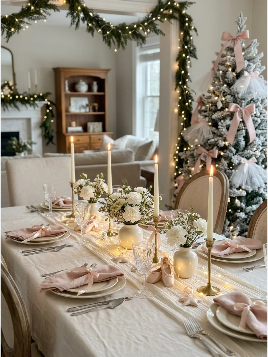 A snowy white Christmas tree decorated with soft pink ribbons and tulle puffs.
