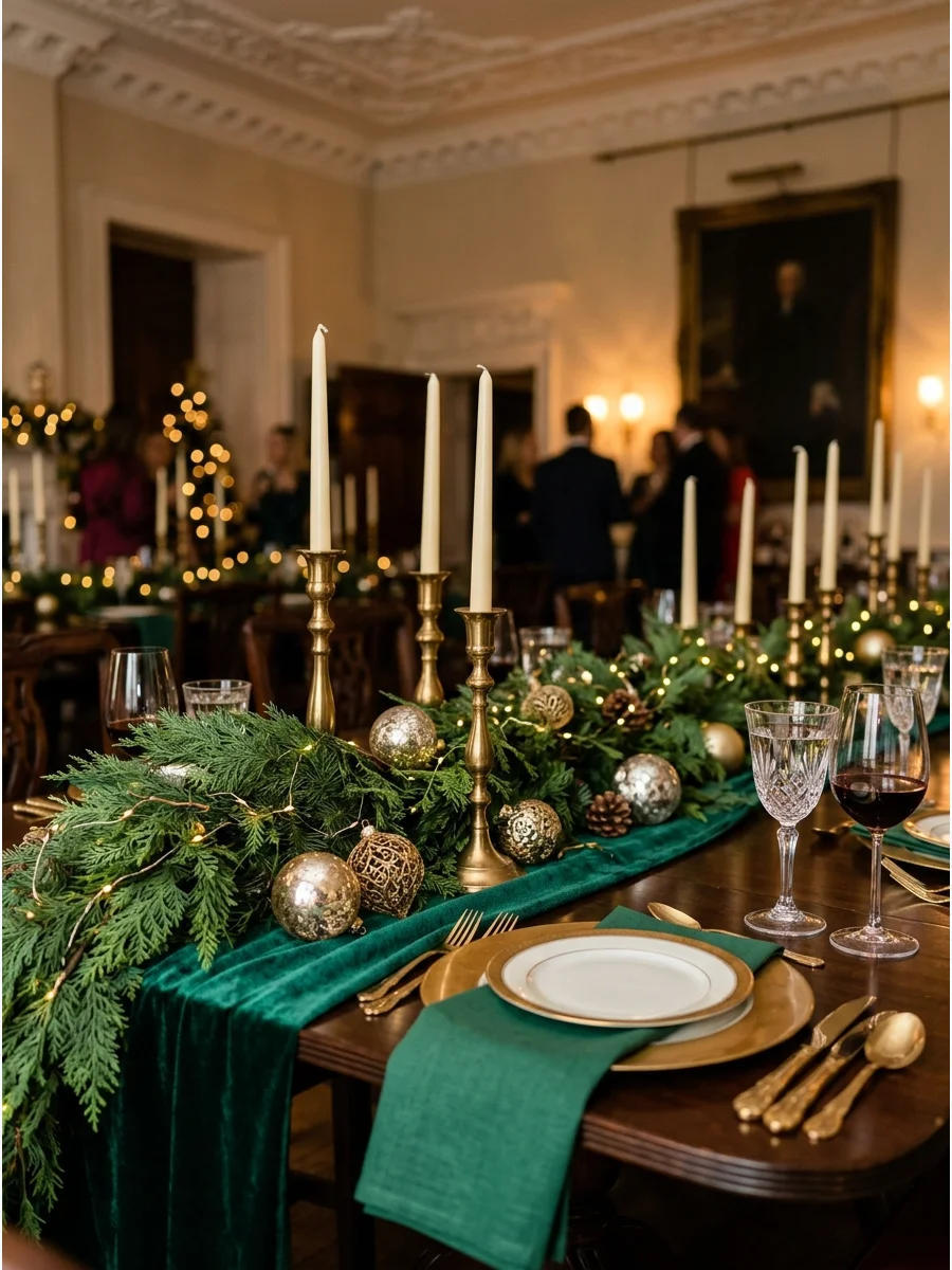 Emerald green velvet and brass decor on a festive table.