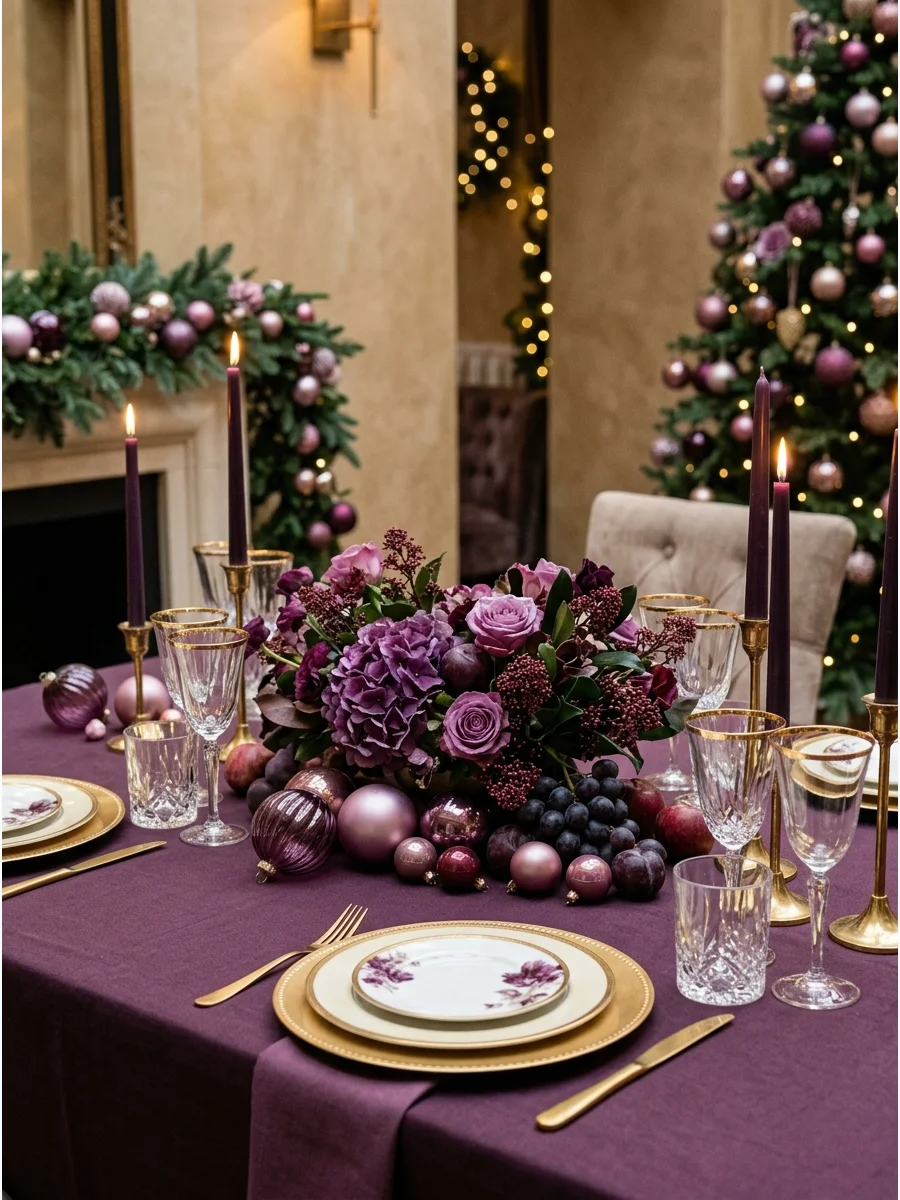 A luxury table setting with dark purple linens and gold accents.