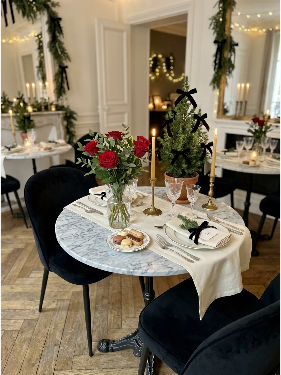 A chic Parisian-style Christmas table with marble, black velvet, and simple greenery.