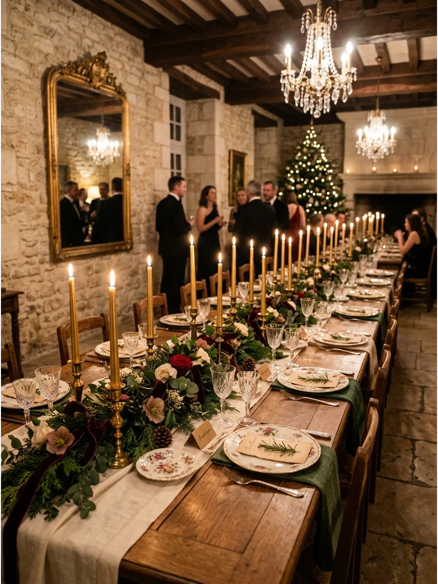 A rustic yet elegant French chateau dining setup with gold accents and greenery.
