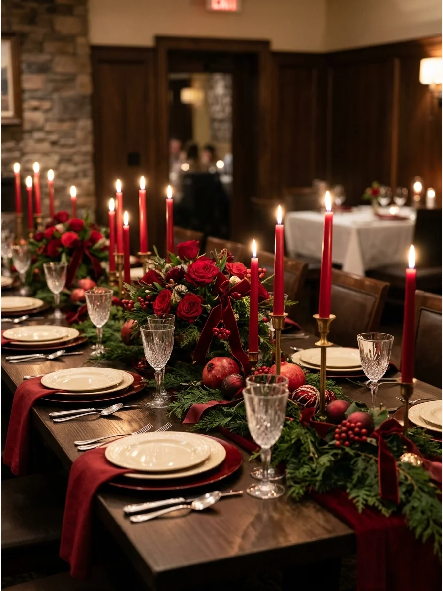 A lush monochromatic red tablescape with velvet textures and candlelight.