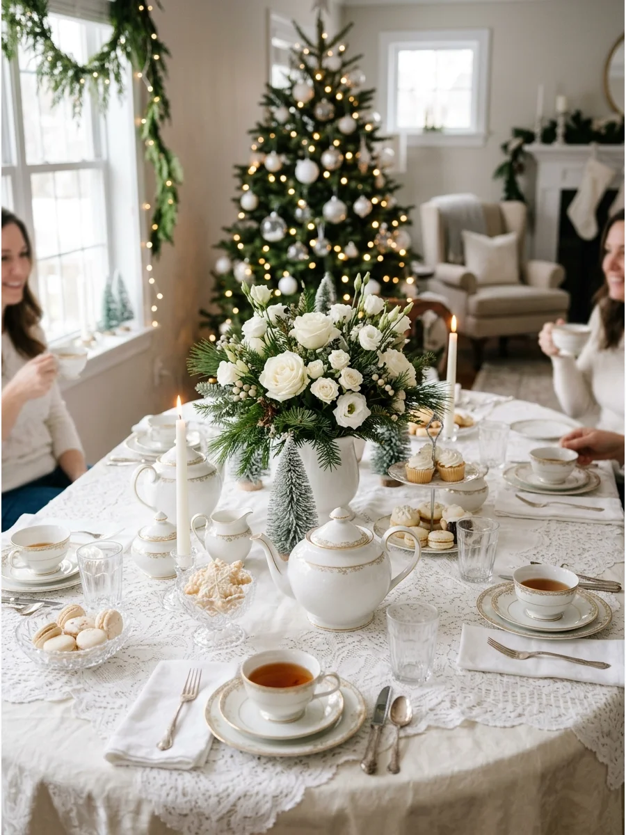 A bright all-white tea party setup with lace and snowy floral accents.