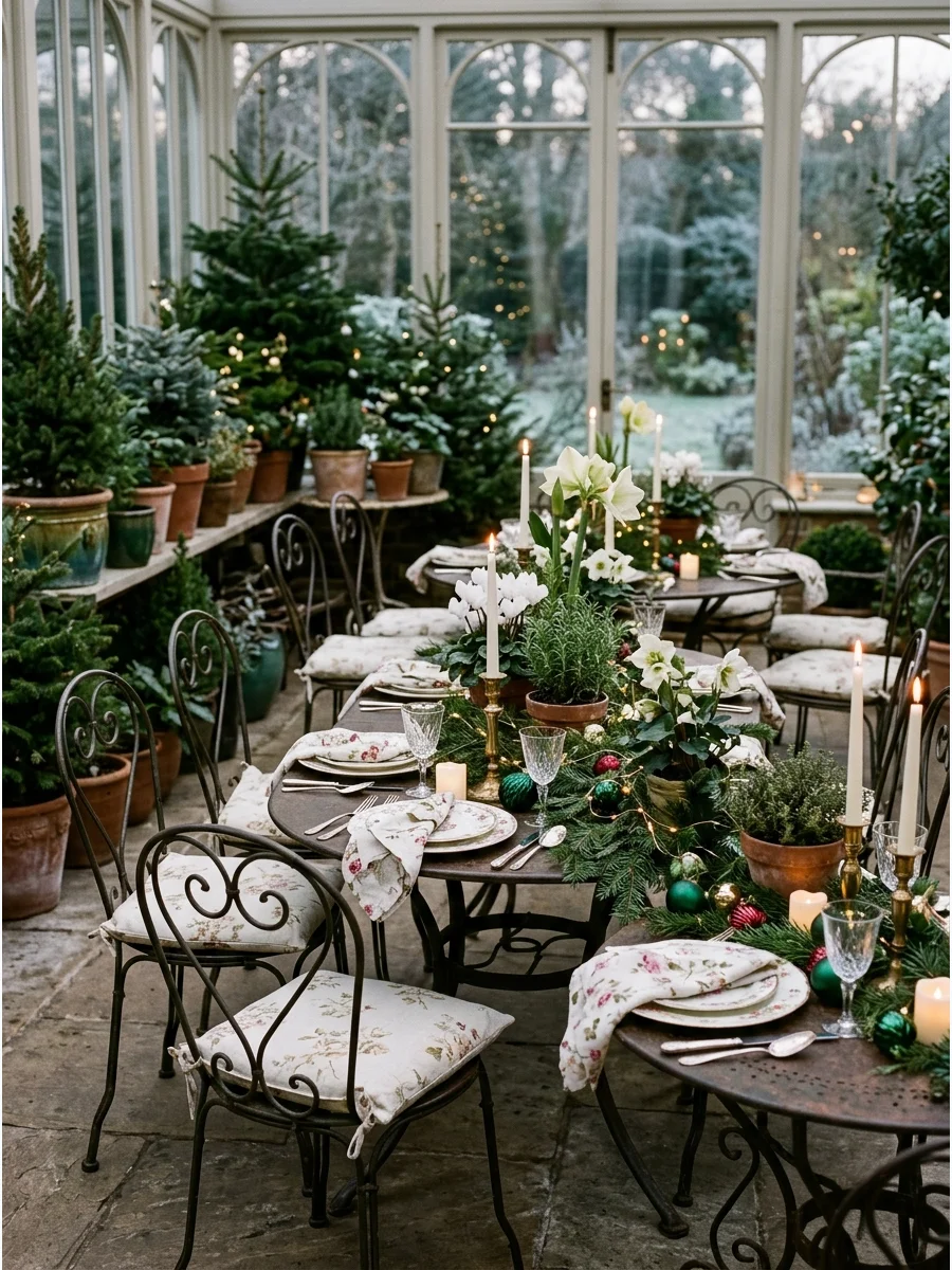 An indoor garden-themed Christmas space with lush greenery and white winter flowers.