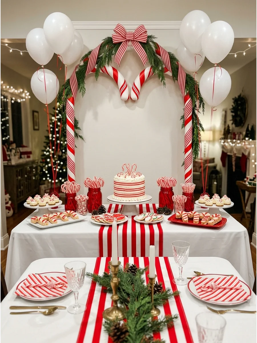 A red and white striped candy cane themed dessert table.