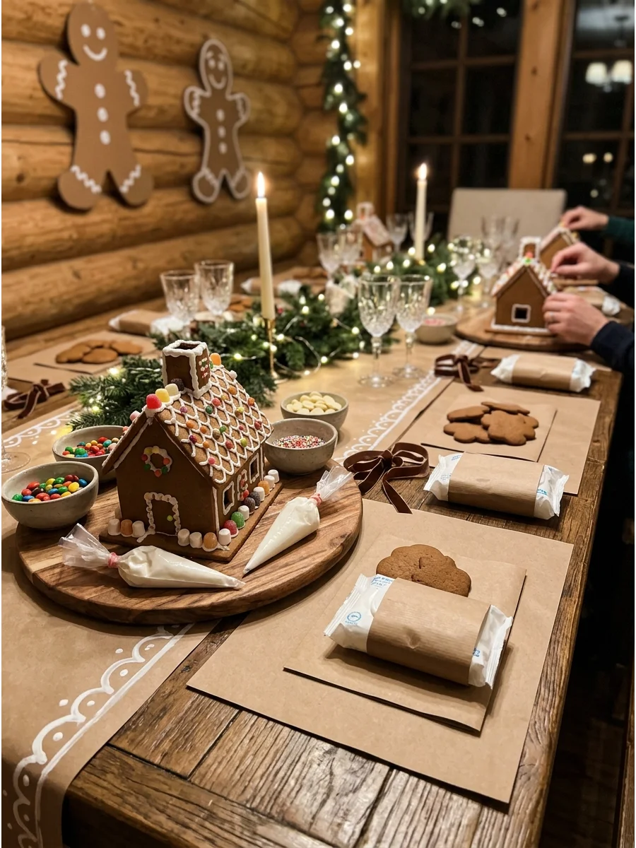 A cozy gingerbread decorating station with brown and white decor.