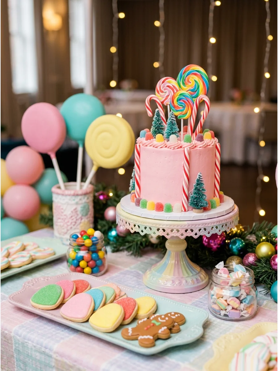 A vibrant pastel candy-themed party room with oversized lollipop props.