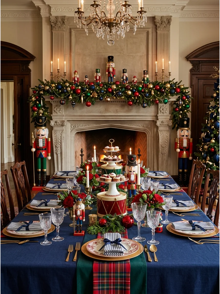 A formal Nutcracker themed dining room with navy, red, and gold accents.