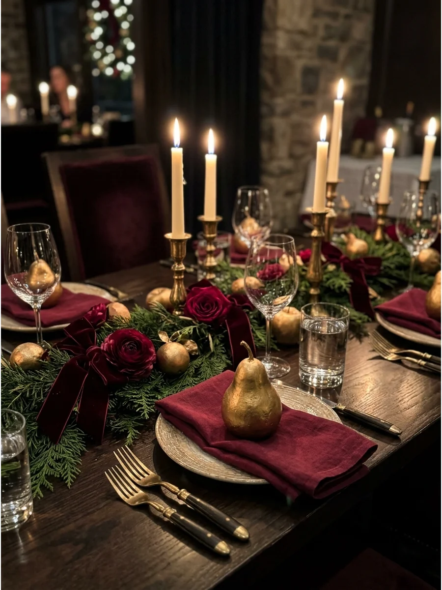 A Christmas dinner table with burgundy ribbons and gold fruit.