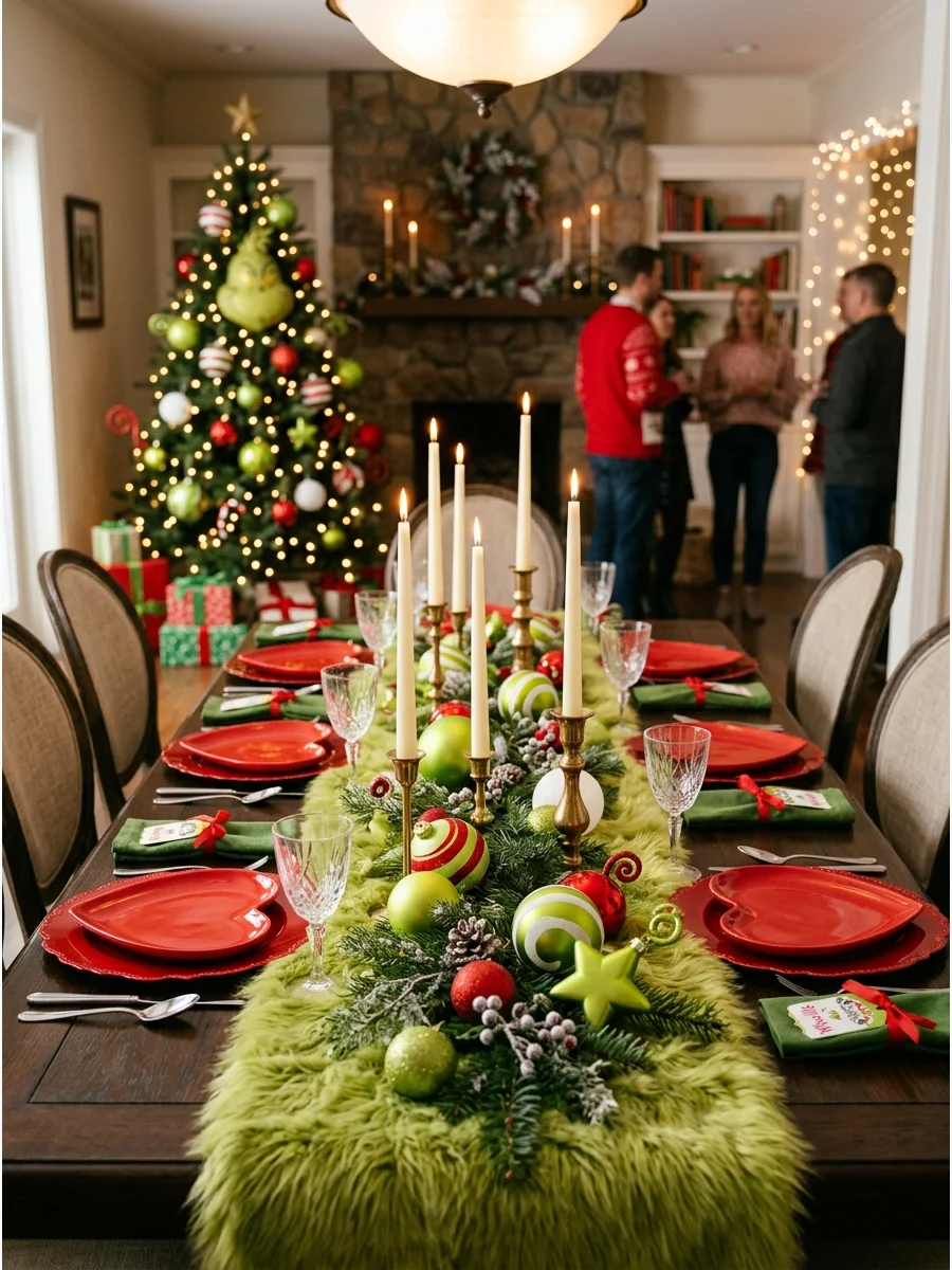 A Grinch themed dining table with green fur and red heart plates.