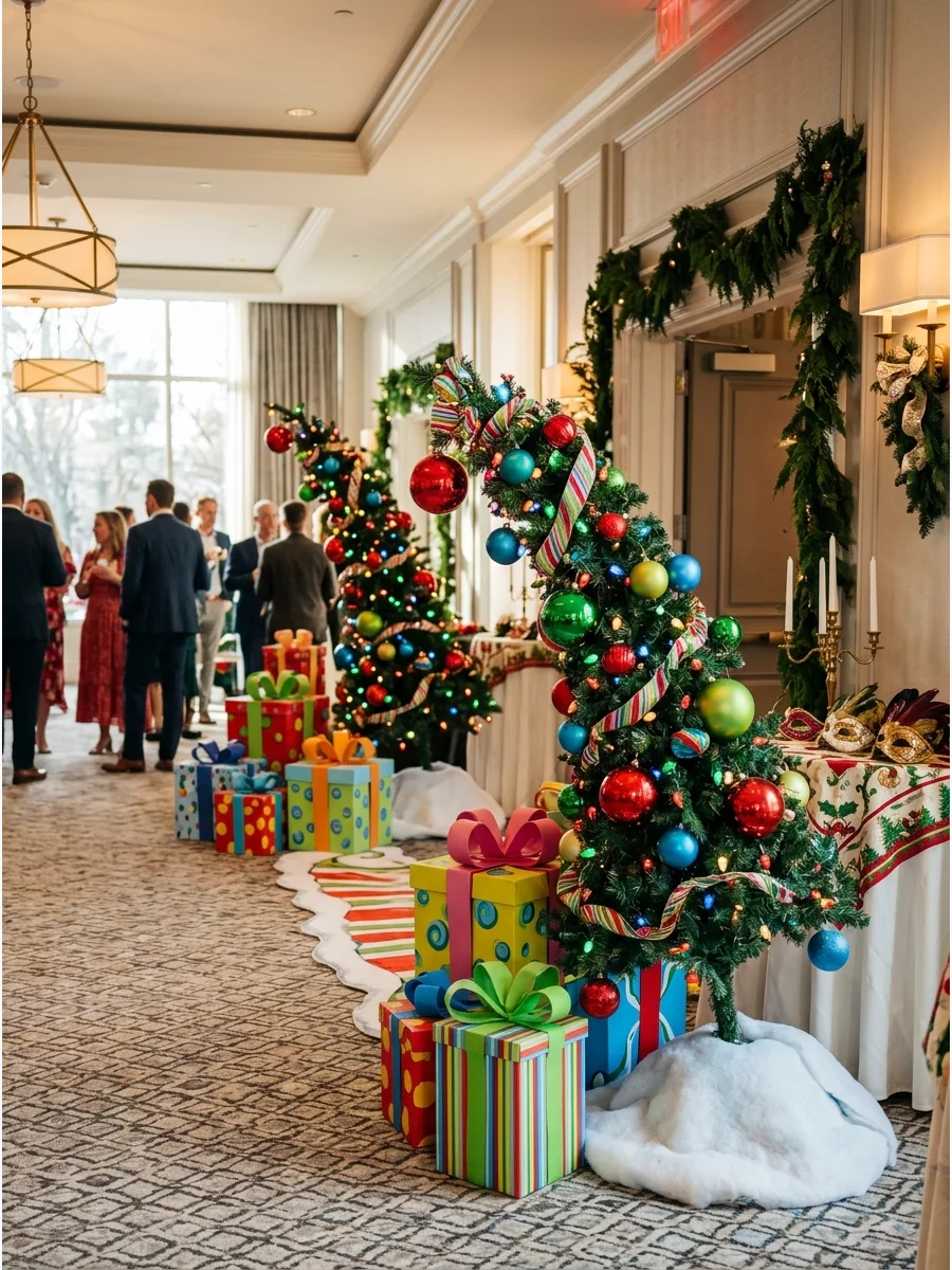 A whimsical Whoville party setup with curved trees and giant ornaments.