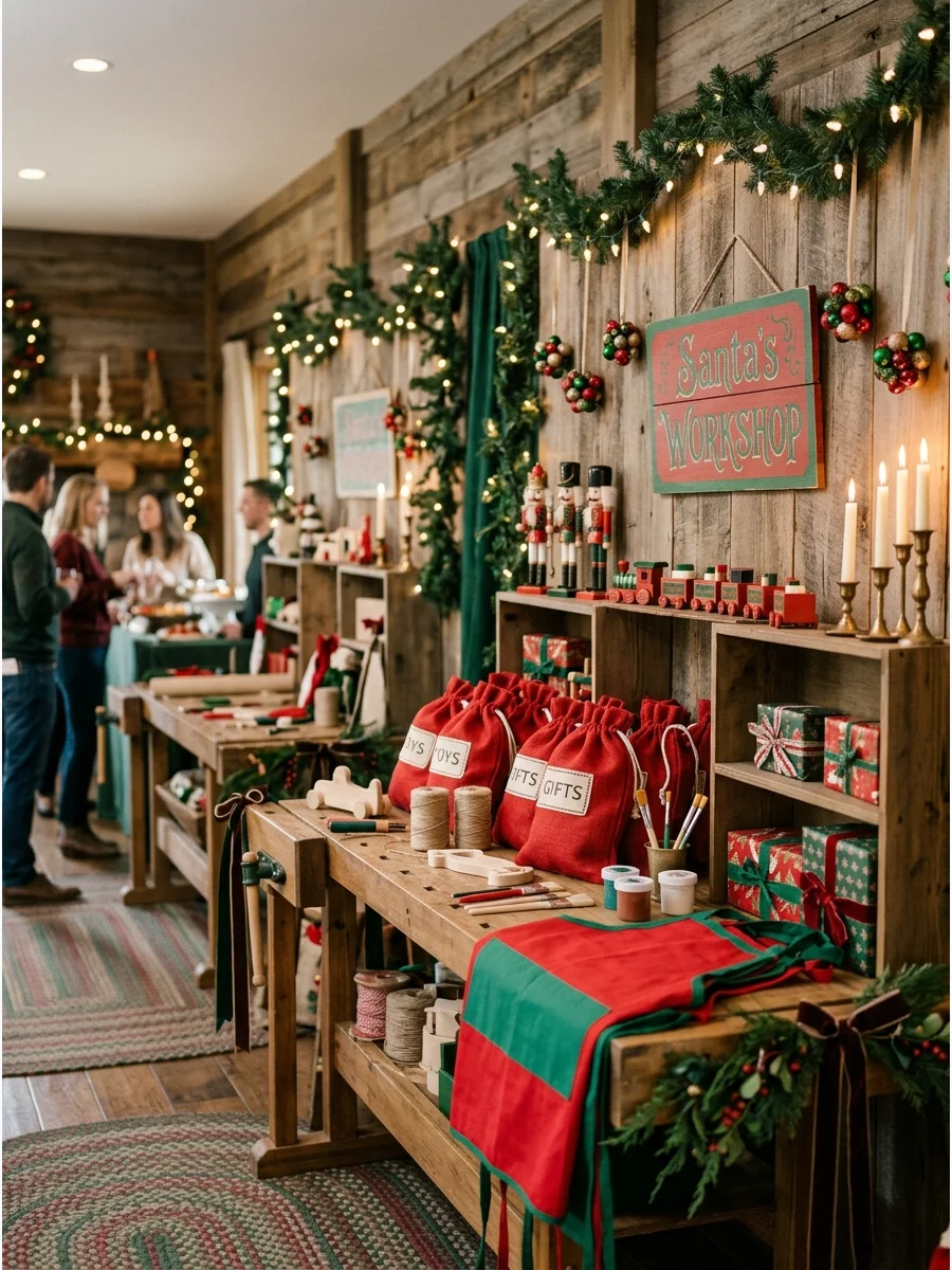 A Santa's workshop theme with wooden tables and burlap toy sacks.