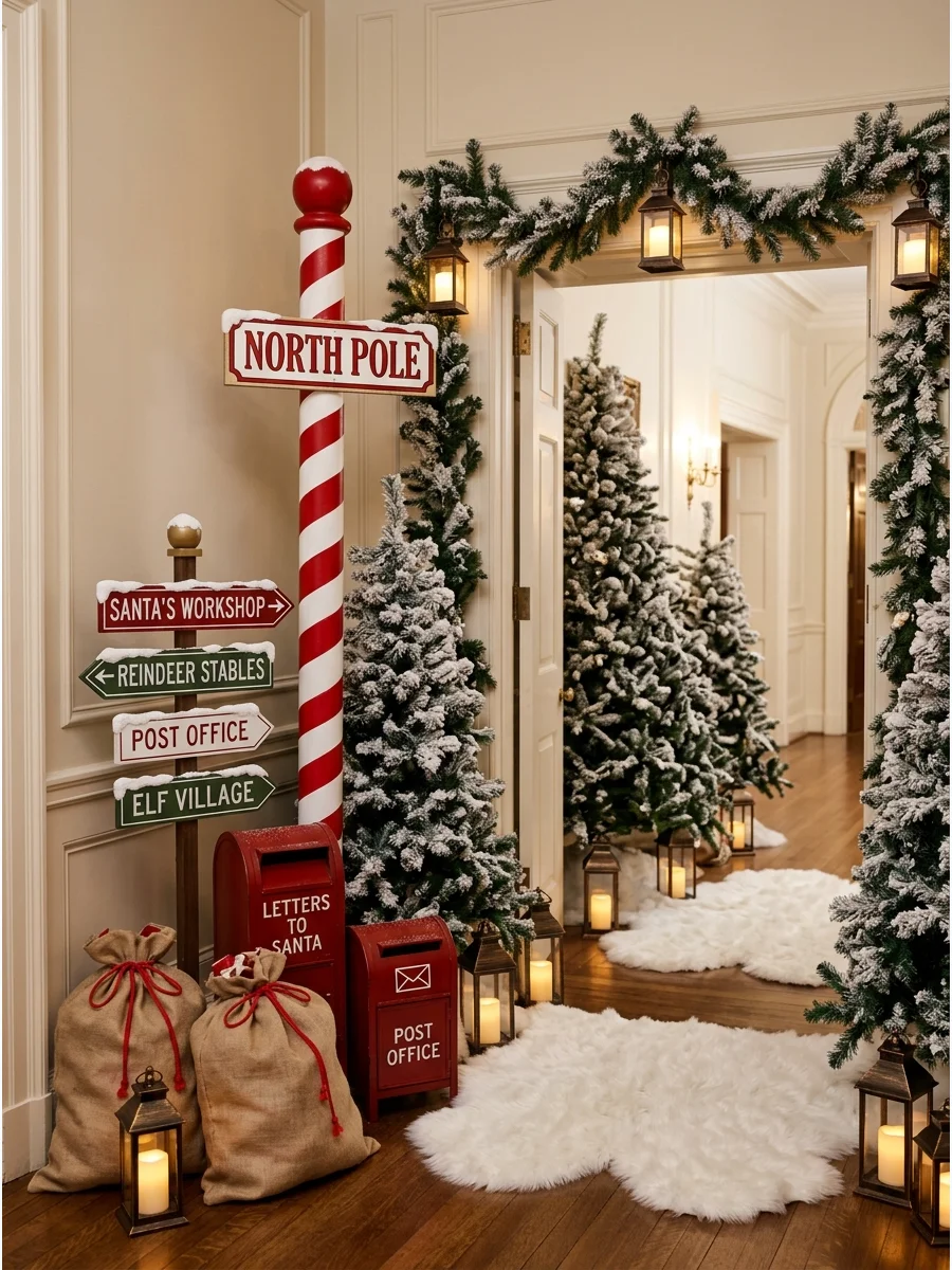 A North Pole themed entrance with a striped pole and faux snow.