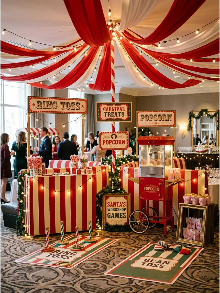 A Christmas carnival with striped ceiling drapes and popcorn tins.