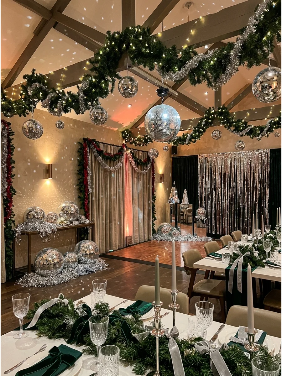 A disco Christmas setup with mirrored balls and silver tinsel.