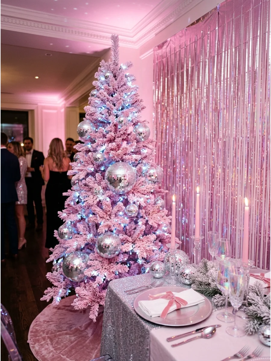 A pink Christmas tree with disco ball ornaments and a fringe backdrop.