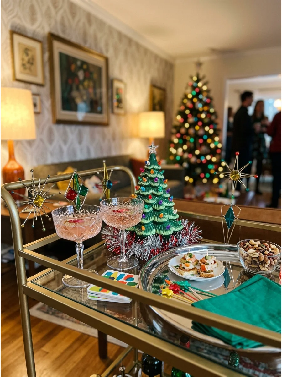 A retro cocktail bar cart with vintage glassware and tinsel.
