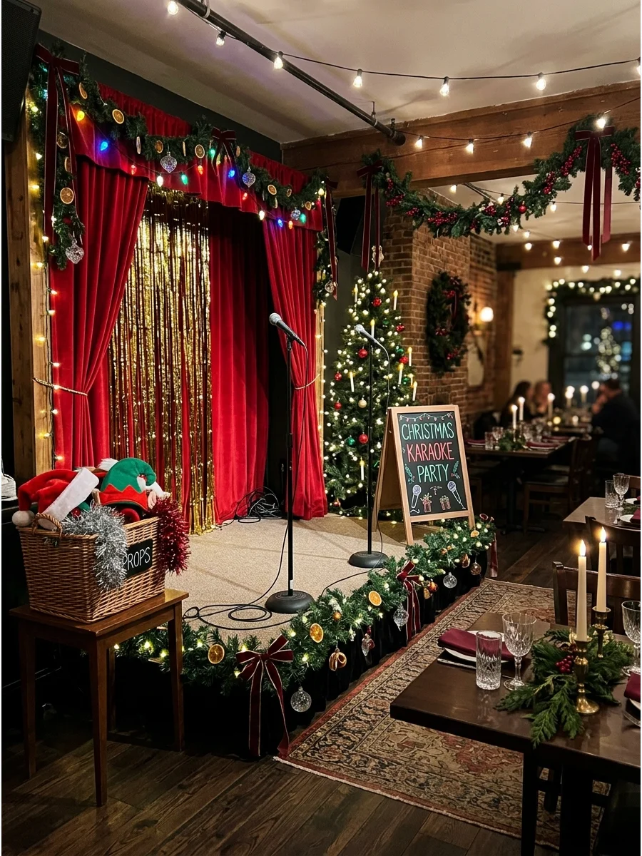A karaoke stage with red curtains and festive holiday decorations.
