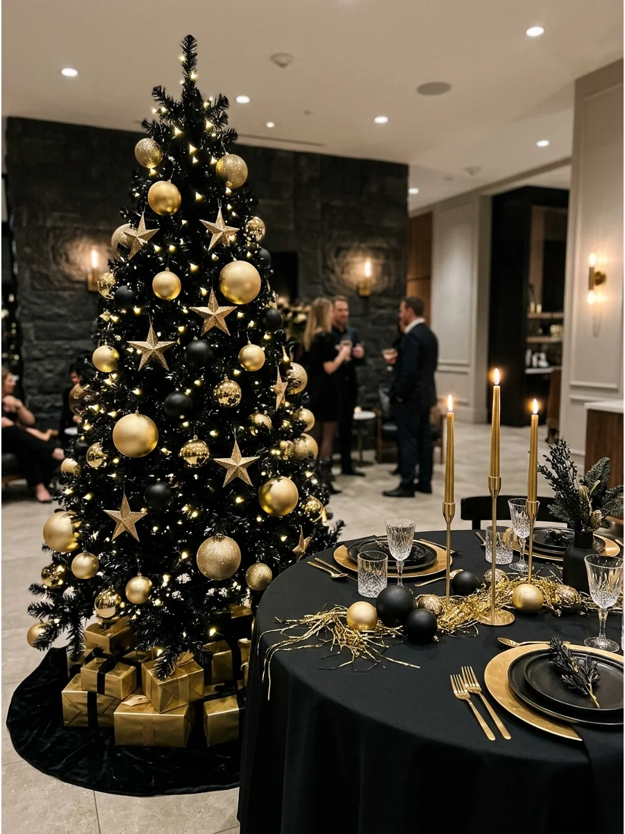 A black Christmas tree with gold ornaments.