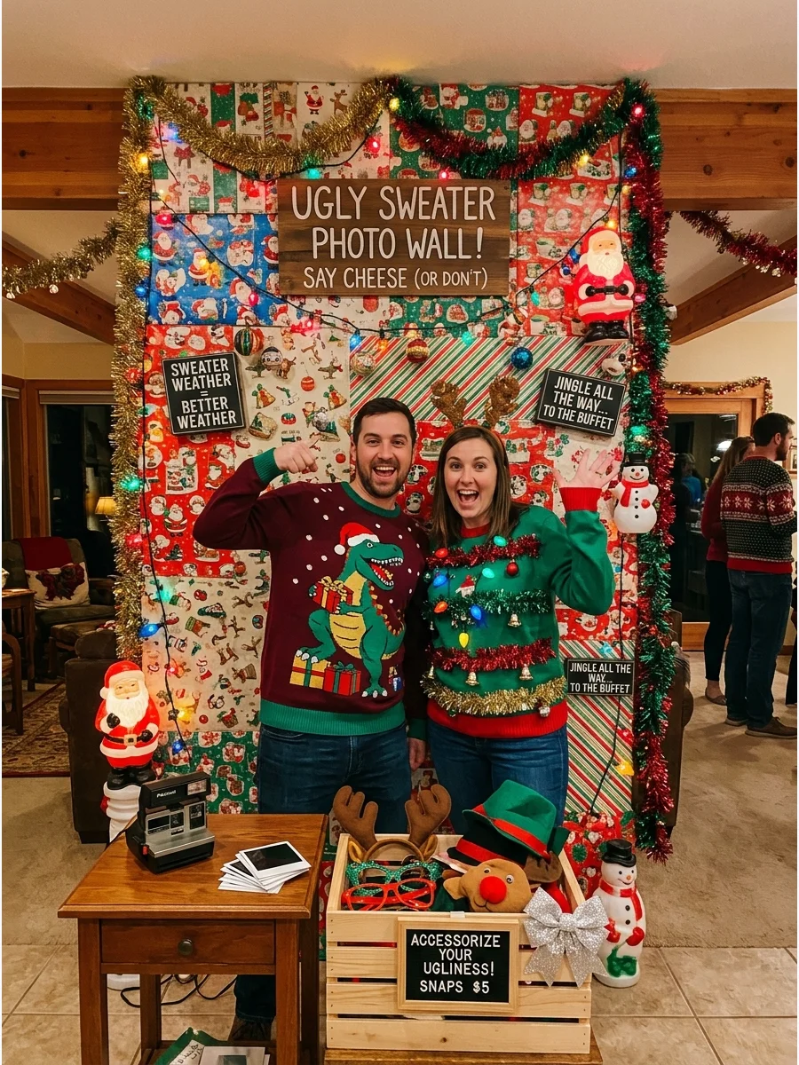 An ugly sweater party backdrop made of colorful vintage wrapping paper.