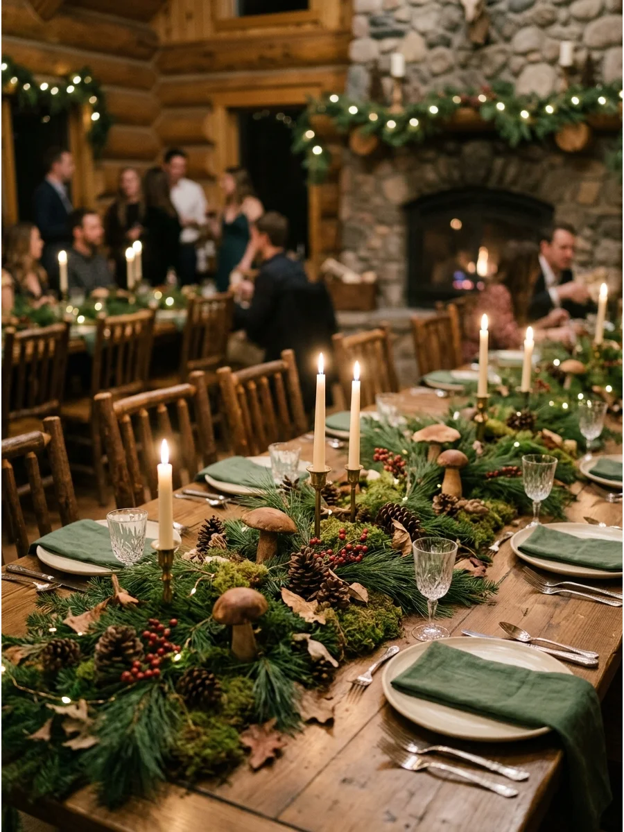 A rustic table display with green moss, pine branches, and small wooden mushrooms.