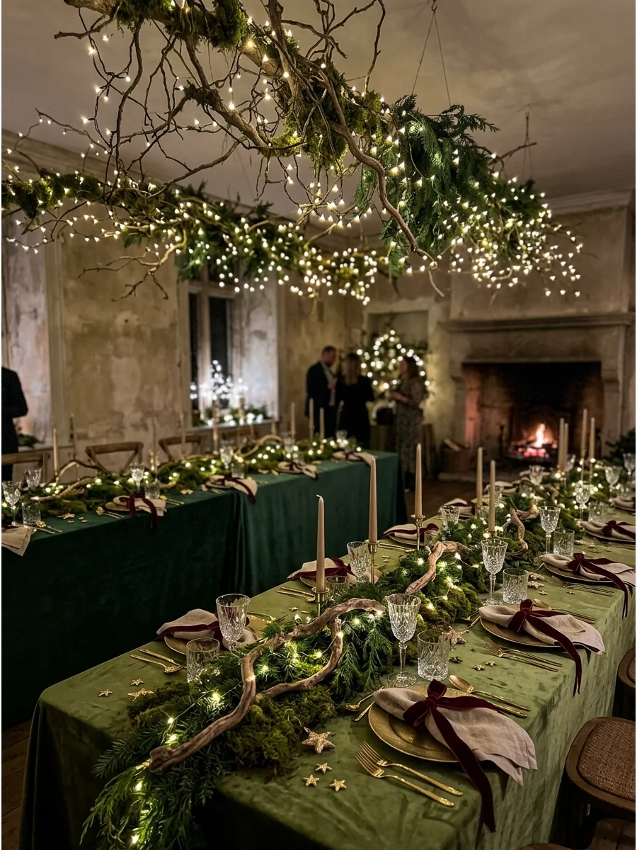 Twinkling lights hanging over a moss-covered table in a dark room.