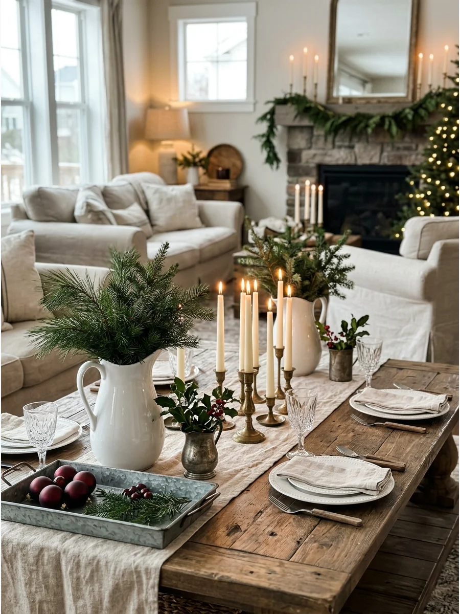 A farmhouse style living room with white ceramics and evergreen greenery.