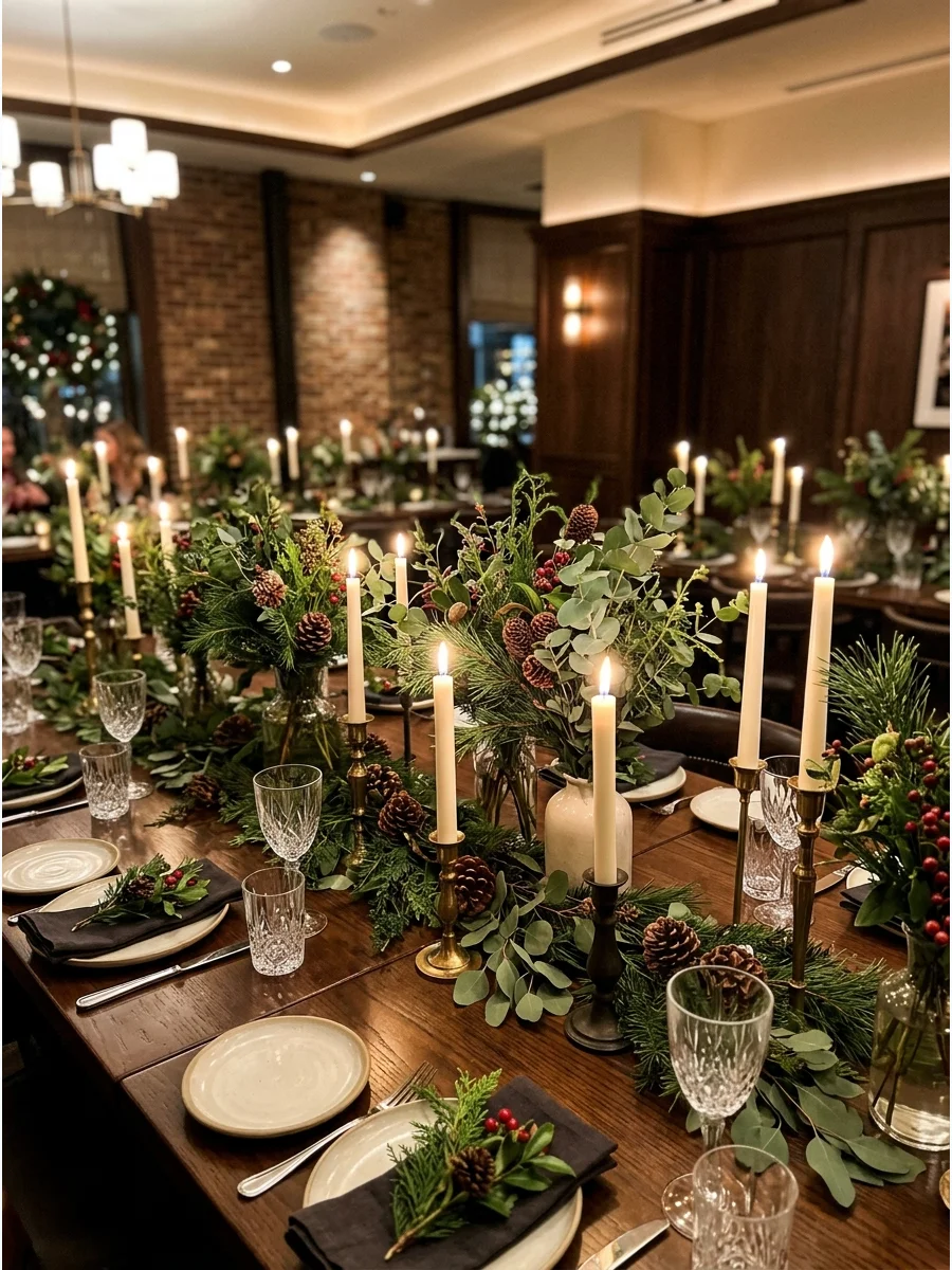 Vases filled with eucalyptus and pine branches on a dining table.