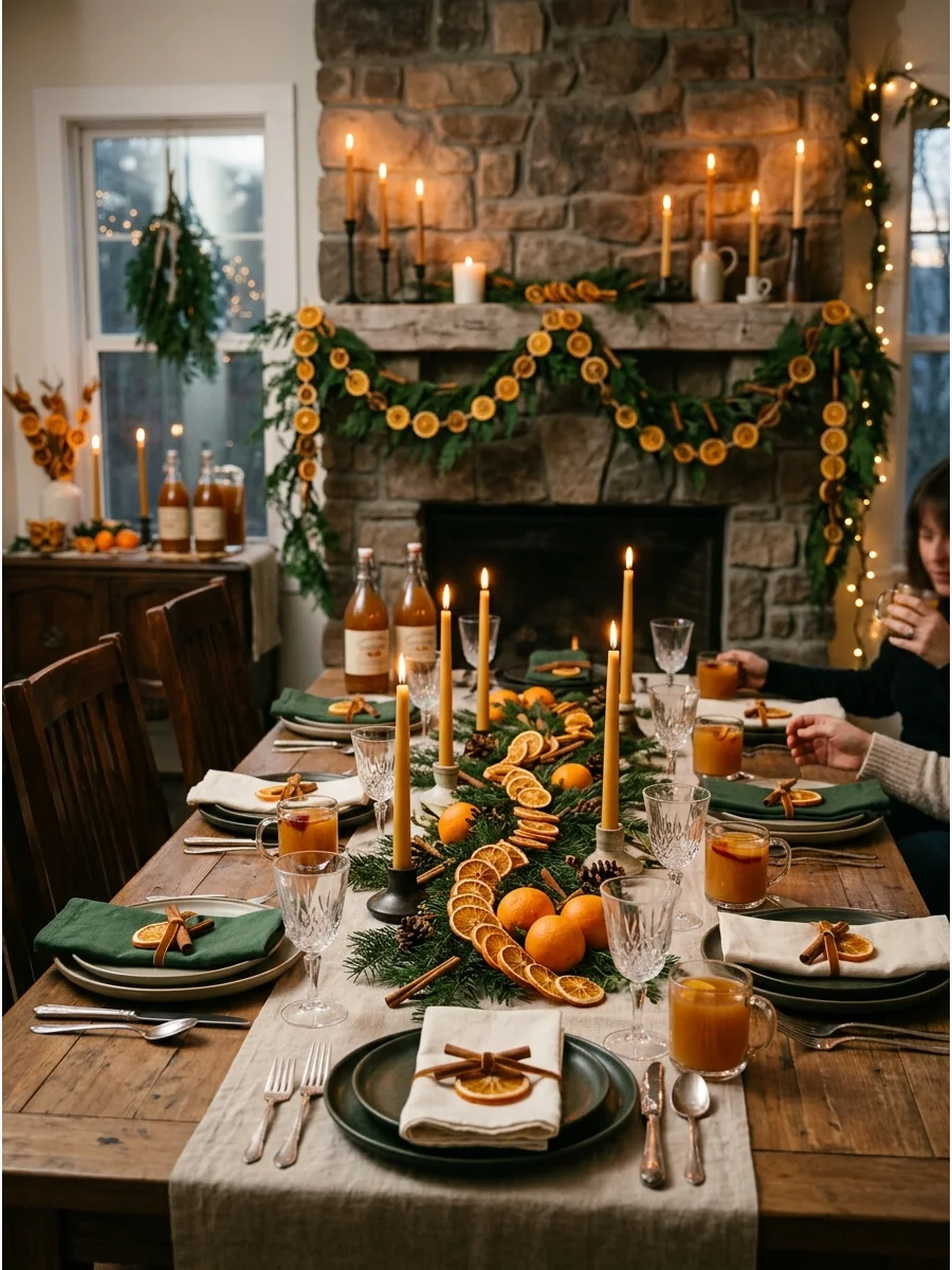 Garlands of dried orange slices and cinnamon sticks hanging over a fireplace.