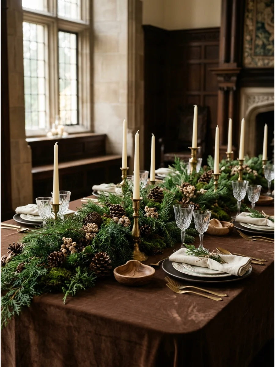 A formal table with brown velvet linens and brass candlesticks.