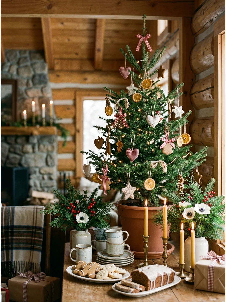 A small Christmas tree decorated with red gingham bows and paper ornaments.