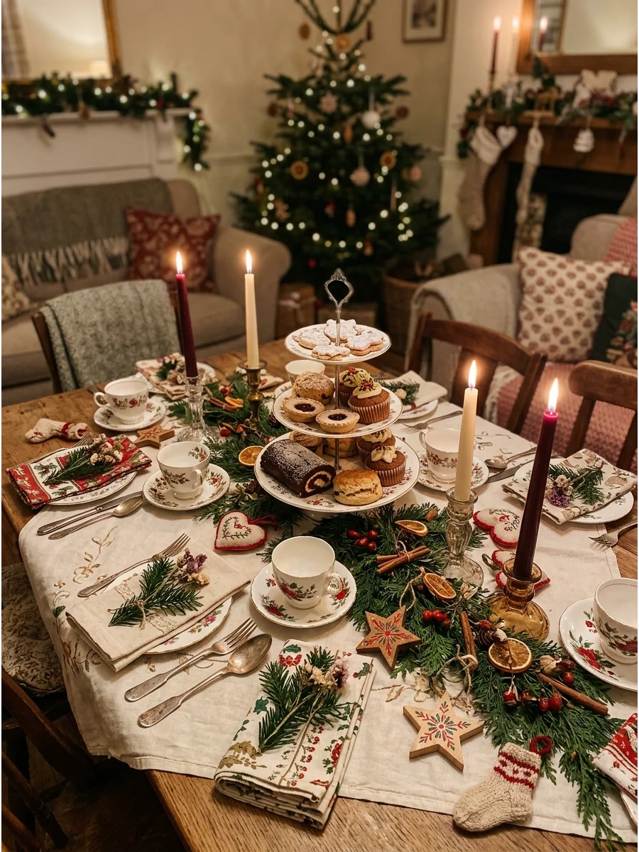 A tea party setup with vintage china and floral napkins.
